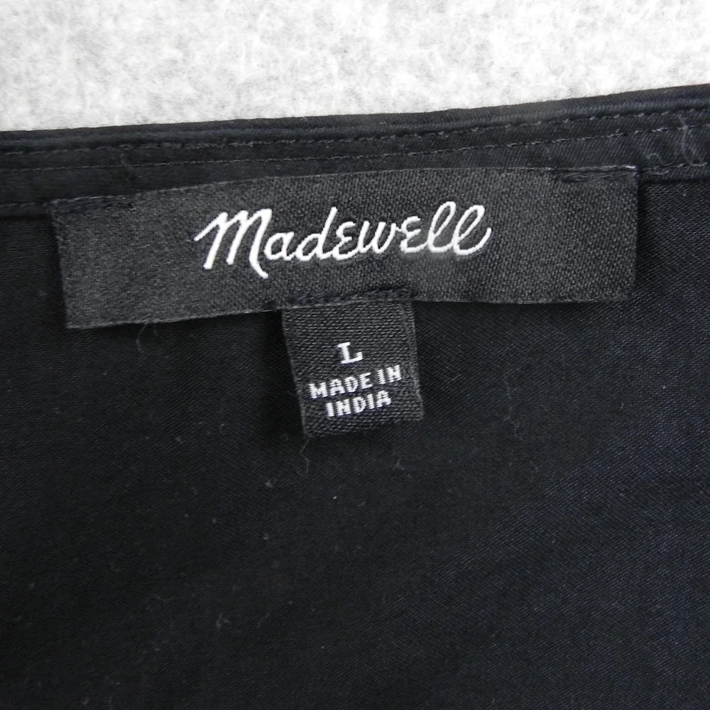 Madewell Top Womens Large Solid Black Cotton Short Puff Sleeve Scoop Neck Blouse